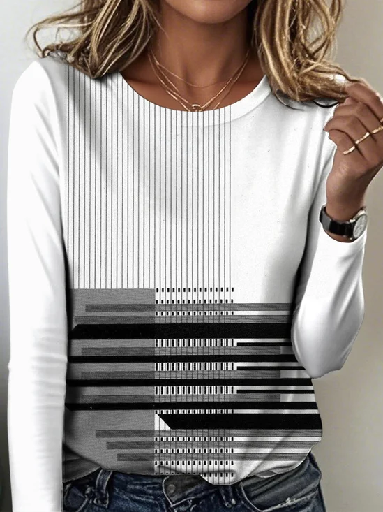 Women's Gradient Pattern T-shirt Elegant Retro Round Neck Long Sleeve Spring and Autumn Top