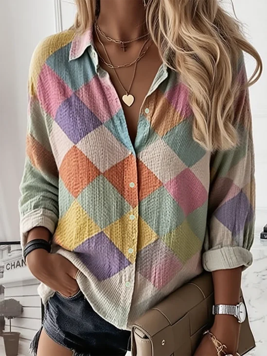 Women's Plaid Pattern Shirt Elegant Retro Long Sleeve Spring and Autumn Tops