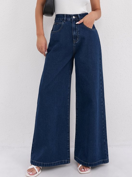 Women's  Commuting Going Out Pants Dark_blue VintageLoose And Slim High Waist Dark Blue Wide-leg Floor-length Jeans