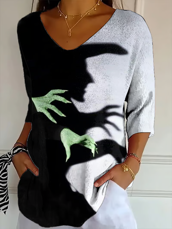Women's Halloween Print Casual V-Neck T-Shirt
