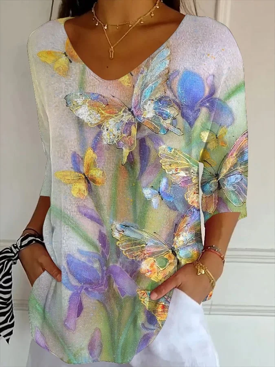Women's Three Quarter Sleeve T-shirt Spring/Fall As Picture Floral Printing V Neck Daily Going Out Casual Top