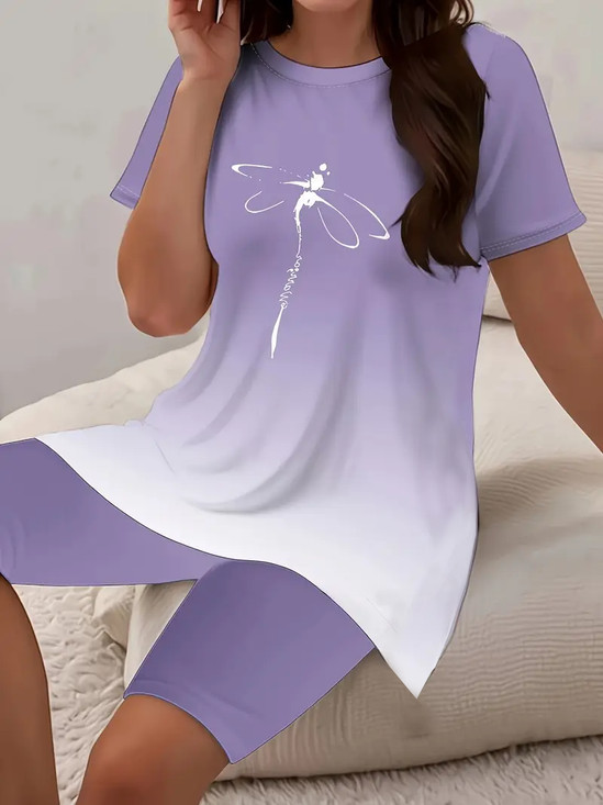 Women's Alzheimer's Disease Dragonfly Print Casual Round Neck Short-Sleeved T-Shirt and Leggings Two-Piece Set