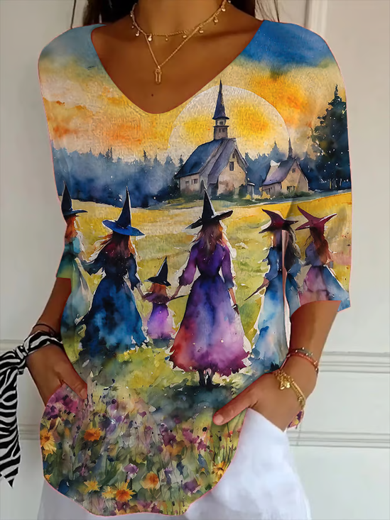 Women's Halloween Print Casual V-Neck T-Shirt