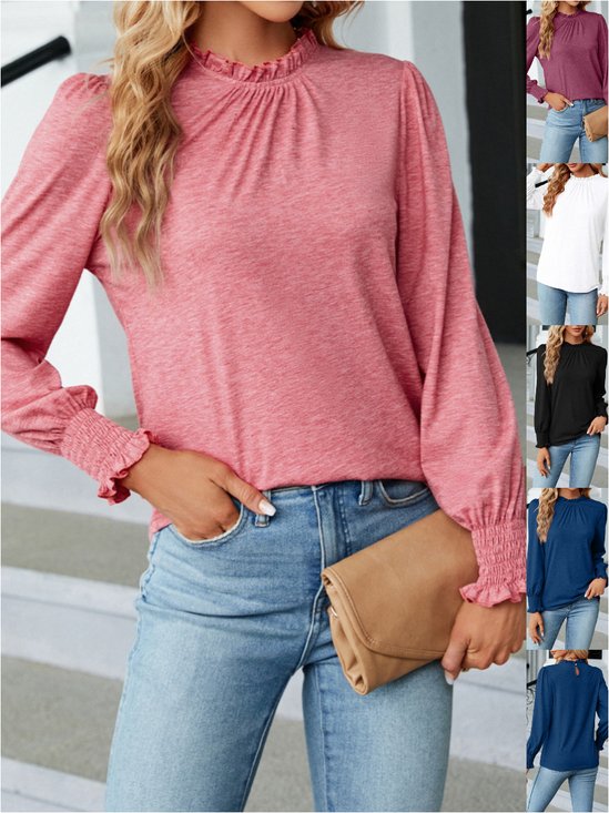 Women's Long Sleeve T-shirt Spring/Fall Pink Plain Split Joint Cotton Crew Neck Balloon Sleeve Daily Going Out Vintage Top
