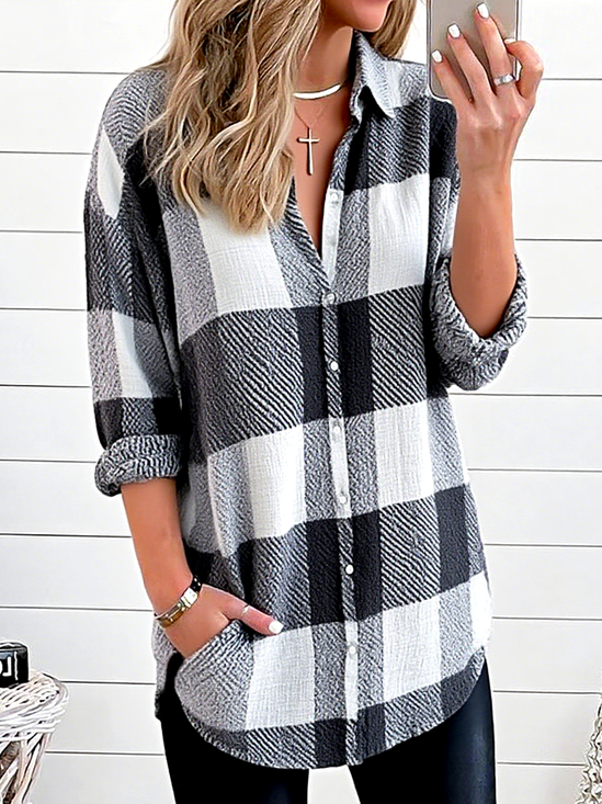 Women's Simple Plaid Pattern Shirt Retro Elegant Spring And Autumn Style Daily Casual Top