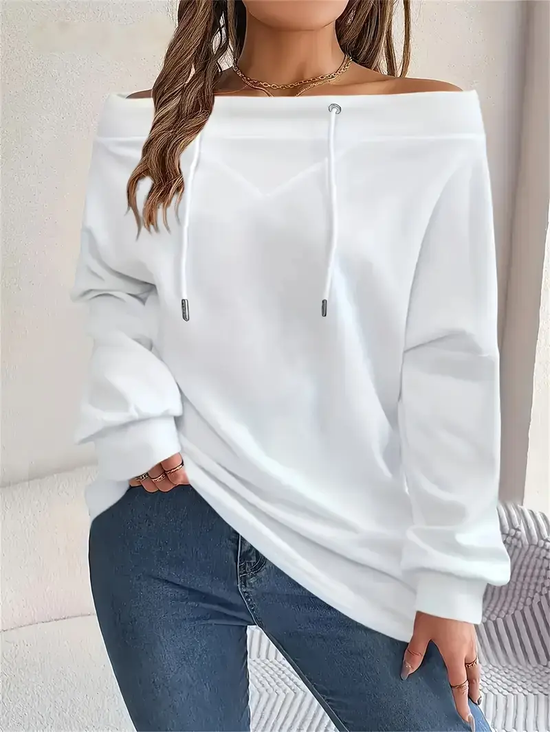 Women's Solid Color Sweatshirt Fashionable Everyday Street Off-Shoulder Drawstring Top