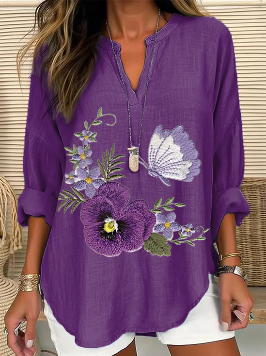 Women's Alzheimer's Floral Print Casual Long Sleeve V-Neck Shirt