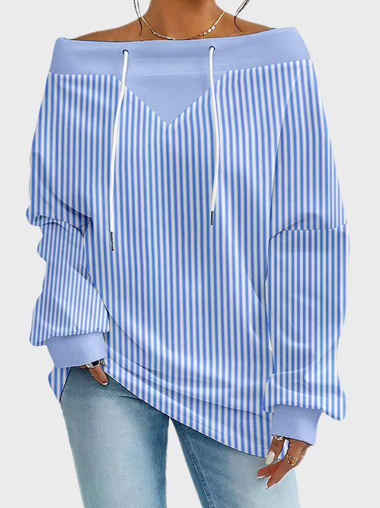 Women's Sweatshirt Striped Pattern Fashionable Everyday Street Off-Shoulder Drawstring Top