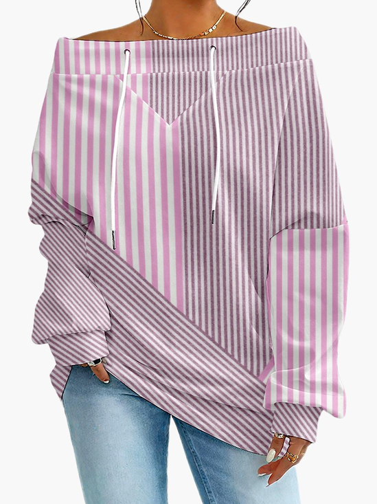 Women's Sweatshirt Stripe Pattern Fashionable Everyday Off-Shoulder Drawstring Top