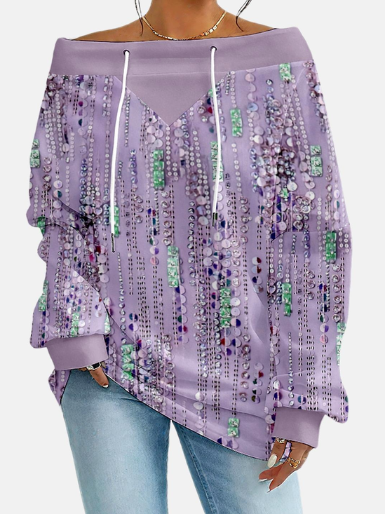 Women's Hoodie With Gradient Pattern Fashionable And Everyday Off-The-Shoulder Drawstring Top