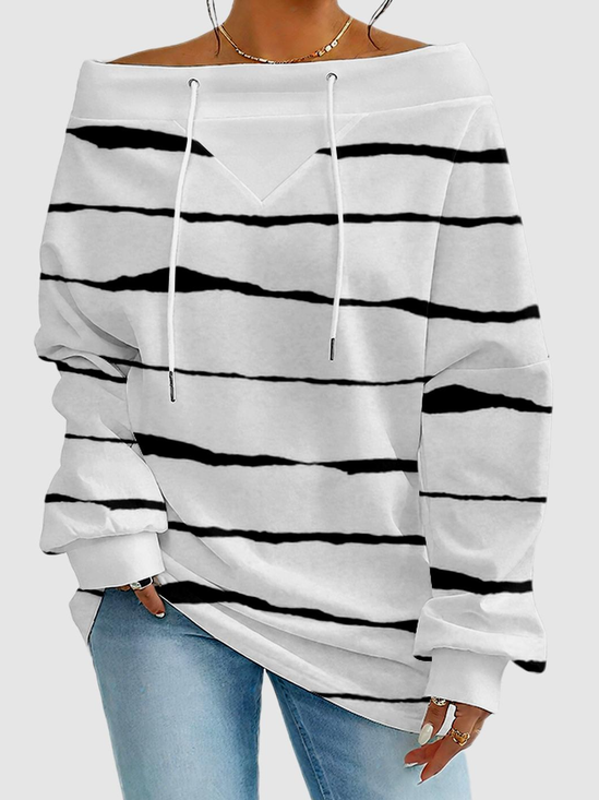 Women's Sweatshirt Striped Pattern Fashionable Everyday Street Off-Shoulder Drawstring Top