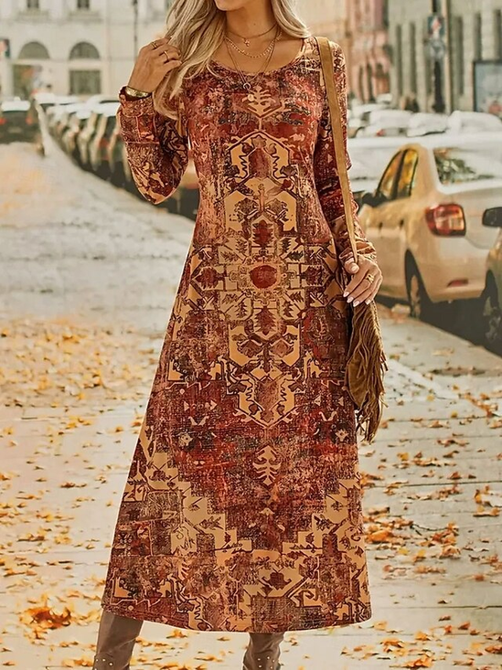 Casual Ethnic Crew Neck Dress With No