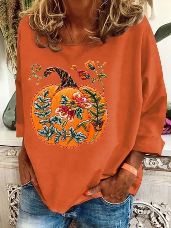Women's Long Sleeve T-shirt Spring/Fall Orange Halloween (pumpkin) Printing Crew Neck Holiday Going Out Casual Top