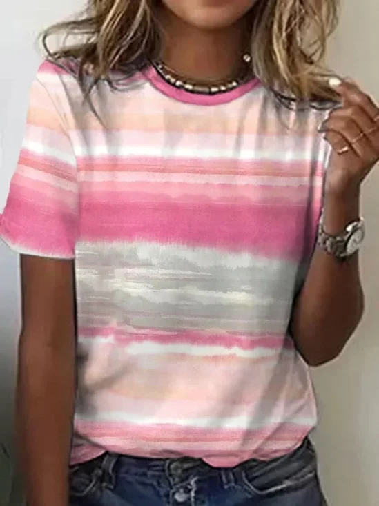Women's Breast Awareness Pink Striped Casual Crew Neck Short Sleeve T-Shirt