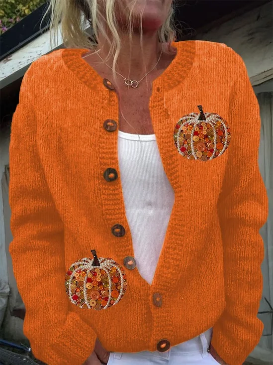 Womens Autumn Sequin Pumpkin Print Cardigan Sweater