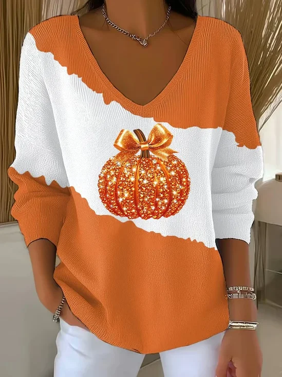 Women's Halloween Autumn Art Design Printed Pitted Fabric Long Sleeve T-shirt
