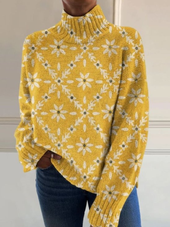 Floral Turtleneck Regular Fit Simple Sweater