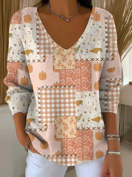 Womens Autumn Art Design Printed Pit Fabric Fabric Long Sleeve T-Shirt