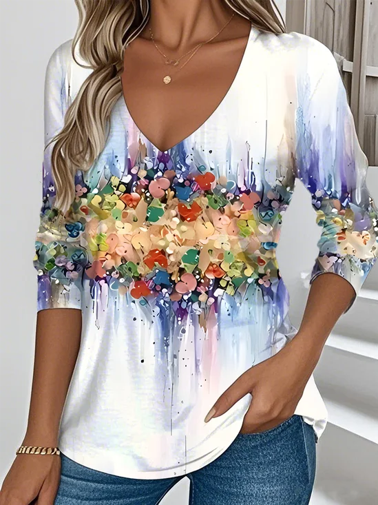 Women's Art Pattern Gradient Design Everyday Long-Sleeved V-Neck T-Shirt Spring And Autumn