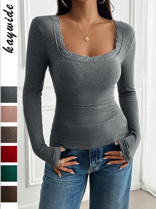 Women's Long Sleeve T-shirt Spring/Fall Gray Floral Split Joint Square Neck Daily Going Out Casual Top