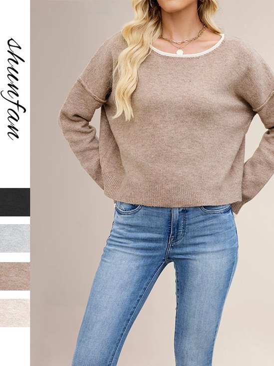 Autumn And Winter Round Neck Color Block Knitted Sweater Loose Versatile Pullover Sweater