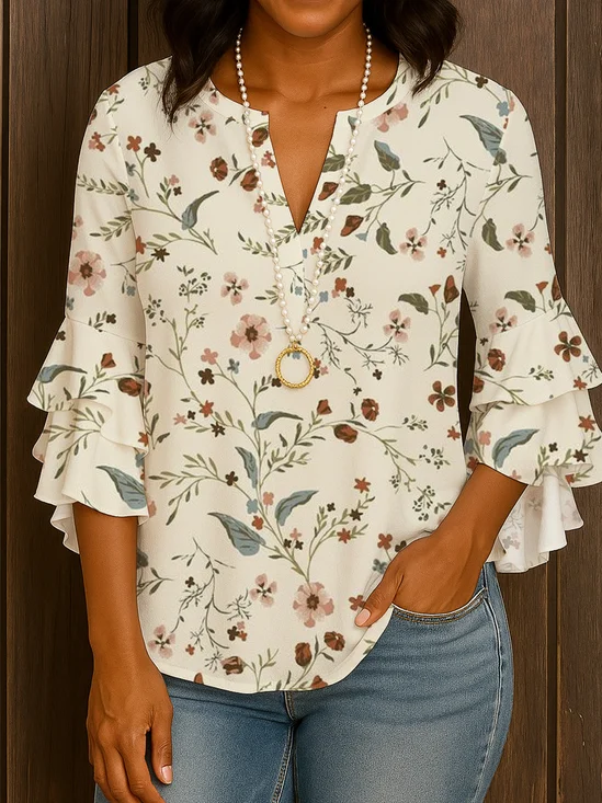 V Neck Regular Fit Floral Casual Shirt