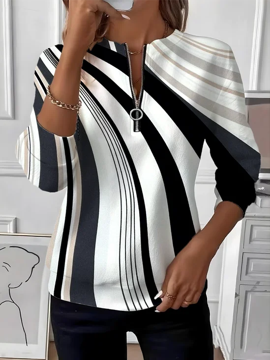 Women's Artistic Stripe Design Everyday Long Sleeve Center Front Zip Sweatshirt