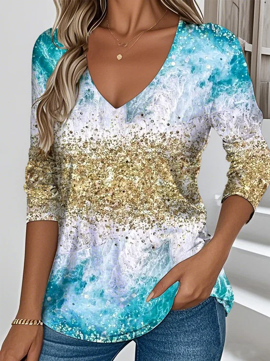 Women's Gradient Pattern Art Design Daily Long Sleeve V-Neck T-shirt Spring and Autumn
