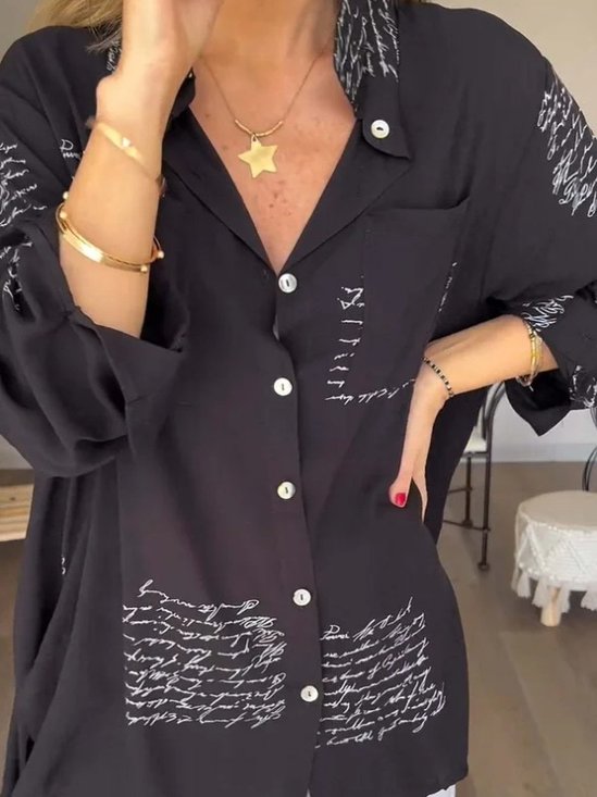 Women's Long Sleeve Shirt Spring/Fall Black Text Letters Split Joint V Neck Daily Going Out Casual Top