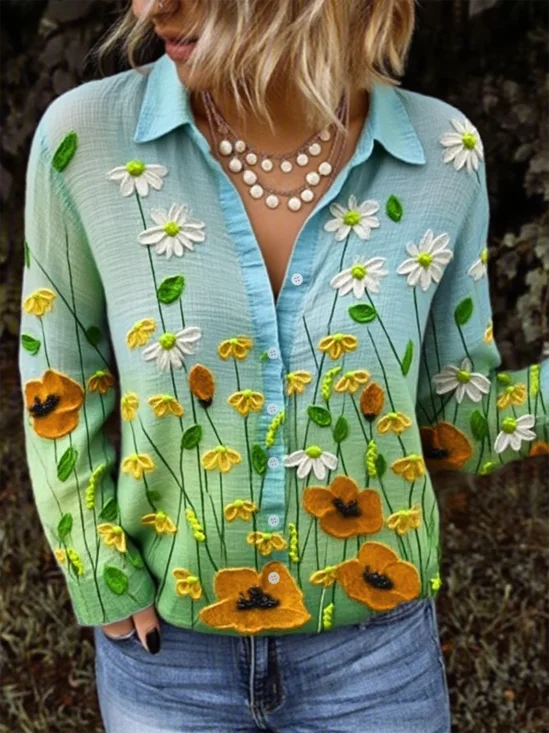 Women's Art Retro Pattern Gradient Design Daily Long Sleeve Shirt Spring and Autumn