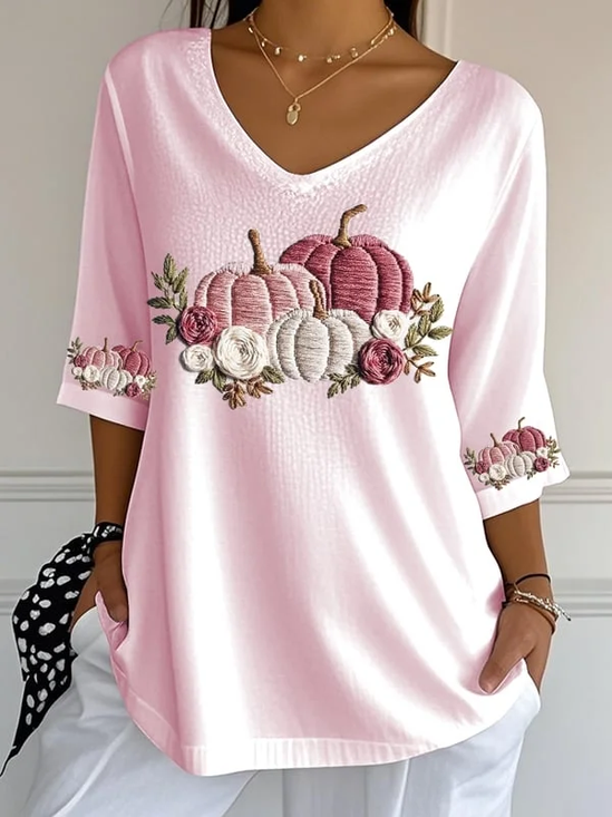 Women's Three Quarter Sleeve T-shirt Spring/Fall Pink Floral Printing V Neck Daily Going Out Casual Top