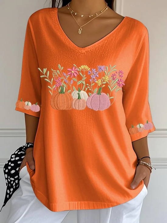 Women's Three Quarter Sleeve T-shirt Spring/Fall Orange Floral Printing V Neck Daily Going Out Casual Top