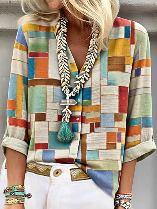 Women's Artistic Geometric Pattern Long Sleeve V-Neck Shirt Fashion Modern Daily Weekend