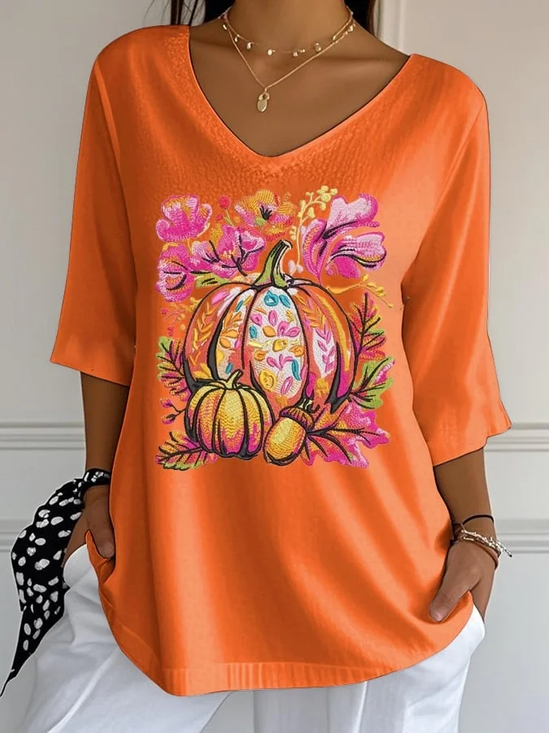 Women's Three Quarter Sleeve T-shirt Spring/Fall Orange Floral Printing V Neck Daily Going Out Casual Top