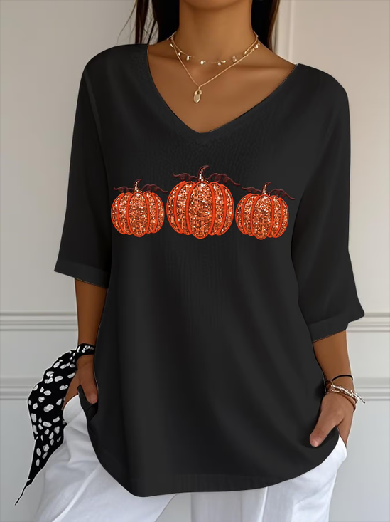 Women's Three Quarter Sleeve T-shirt Spring/Fall Black Halloween (pumpkin) Printing V Neck Daily Going Out Casual Top