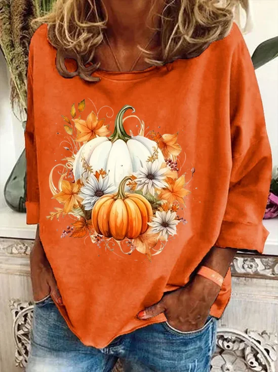 Women's Long Sleeve T-shirt Spring/Fall Orange Floral Printing Crew Neck Holiday Going Out Casual Top