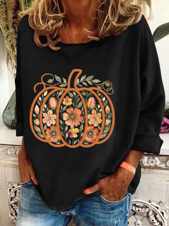 Women's Long Sleeve T-shirt Spring/Fall Black Floral Printing Crew Neck Holiday Going Out Casual Top