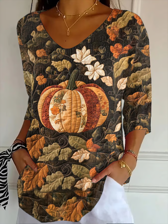 Women's Three Quarter Sleeve T-shirt Spring/Fall As Picture Floral Printing V Neck Daily Going Out Casual Top