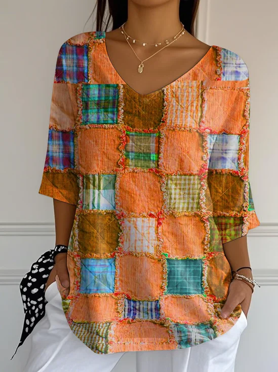 Women's Three Quarter Sleeve T-shirt Spring/Fall Orange Halloween Printing V Neck Daily Going Out Casual Top
