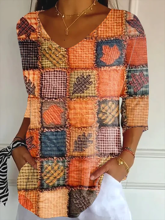 Women's Three Quarter Sleeve T-shirt Spring/Fall Orange Maple Leaf Printing V Neck Daily Going Out Casual Top