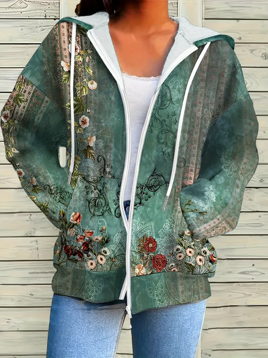 Women's Floral Print Casual Long Sleeve Zipper Hooded Sweatshirt Jacket