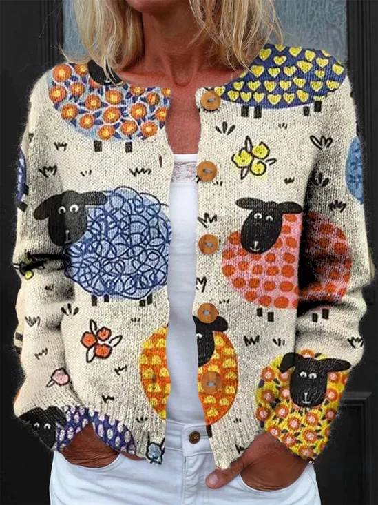 Colorful Sheep Pattern Art Print Button Cardigan Sweater