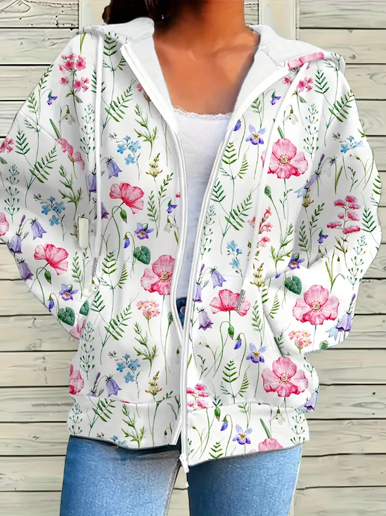 Women's Floral Print Casual Long Sleeve Zipper Hooded Sweatshirt Jacket