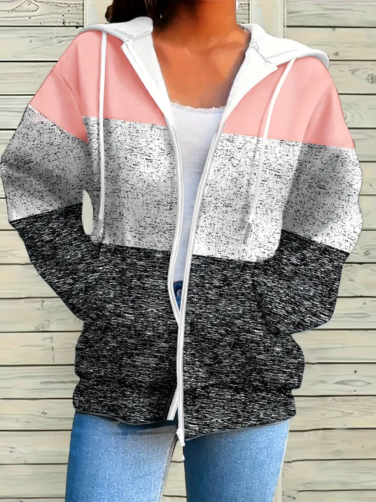 Women's Colorblock Printed Casual Long Sleeve Zipper Hooded Sweatshirt Jacket