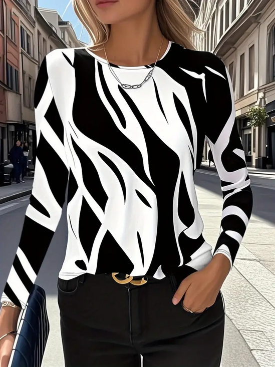 Women's Long Sleeve T-shirt Spring/Fall Black-white Abstract Printing Jersey Crew Neck Daily Going Out Casual Top