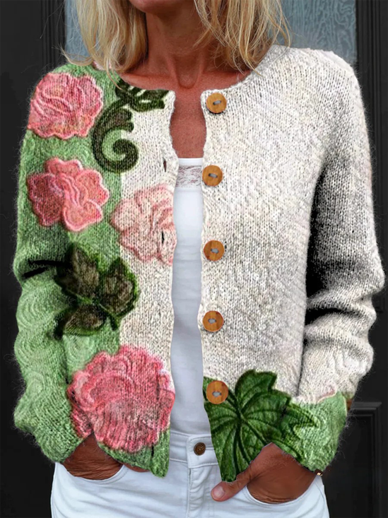 Vintage Ethnic Floral Art Print Buttoned Cardigan Sweater