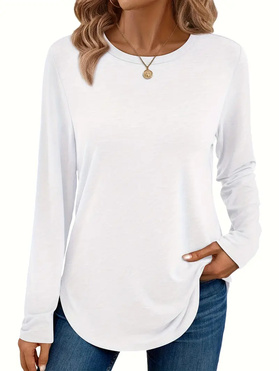 Women's Long Sleeve T-shirt Spring/Fall White Plain Color Printing Jersey Crew Neck Daily Going Out Casual Top