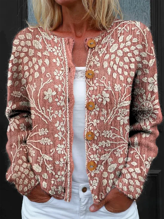 Knitted Peasant Crew Neck Loose Cardigan