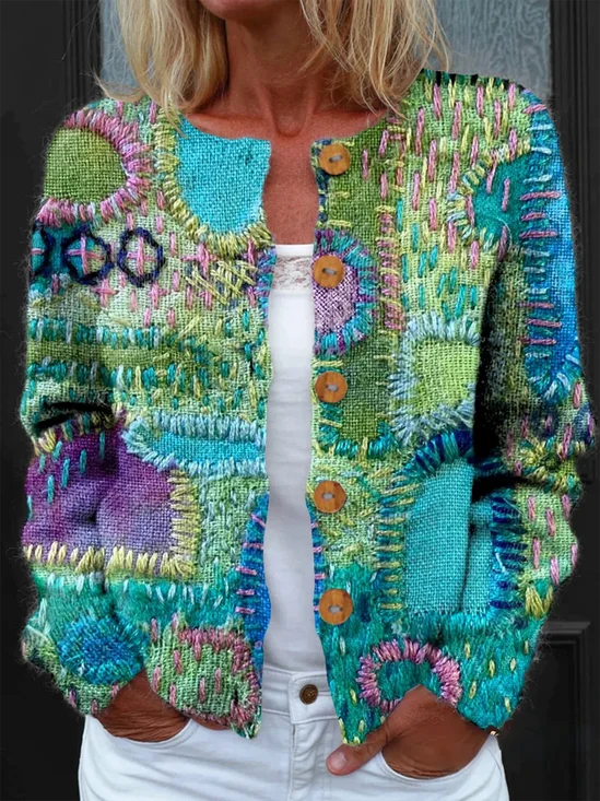Vintage Colorful Patchwork Art Print Buttoned Cardigan Sweater