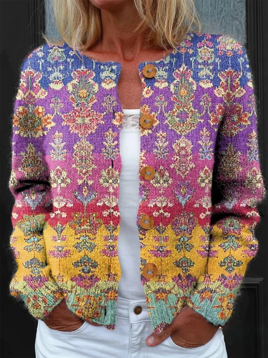 Women's National Totem Art Print Buttoned Cardigan Sweater
